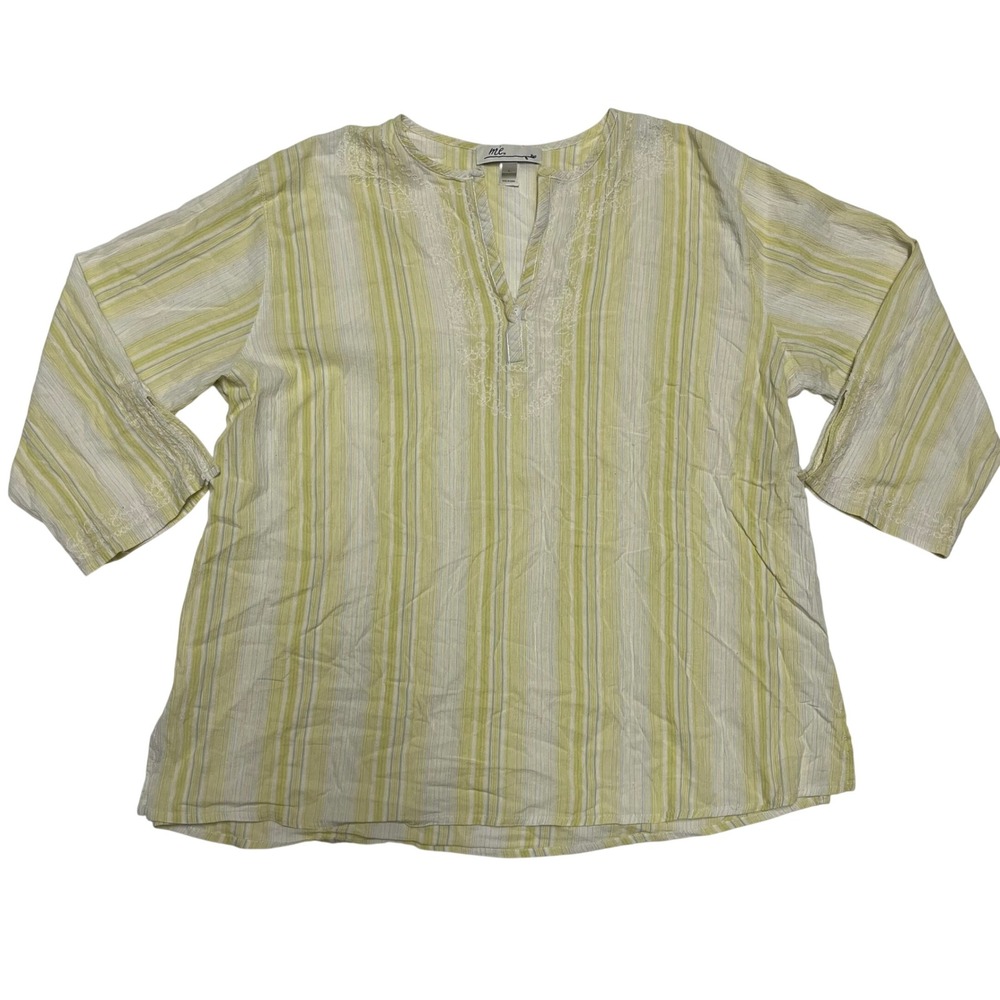Womens Large Yellow Green Striped Embroidered Cotton Tunic Blouse 3/4 Sleeve